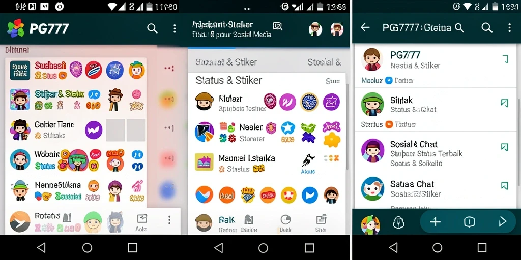 Screenshot aplikasi PG777 menampilkan berbagai stiker menarik dan antarmuka yang user-friendly.